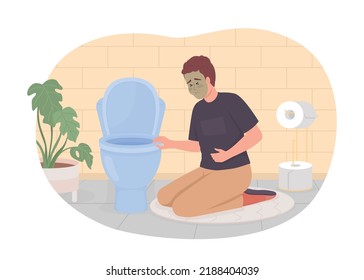 Man With Nausea Near Toilet Bowl 2D Vector Isolated Illustration. Stomach Disease. Sick Flat Character On Cartoon Background. Health Colourful Editable Scene For Mobile, Website, Presentation