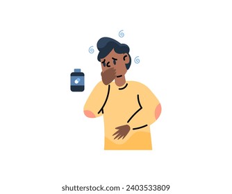 A man is nauseous and dizzy due to side effects of the drug. The dose of the drug is excessively high to cause nausea. feel like vomiting. Flat or cartoon character illustration design. graphic