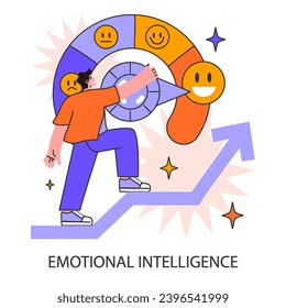 A man navigates his emotional intelligence, adjusting moods on a dynamic wheel. Self-awareness journey. Mood calibration. Flat vector illustration.