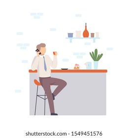 Man near the bar talking on the phone. Vector illustration.