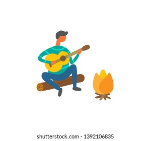 Man near bonfire singing songs and playing on guitar vector isolated. Cartoon player with musical instrument resting outdoors near burning fire, summer picnic