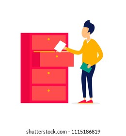 Man near the cabinet with documents. Flat style vector illustration