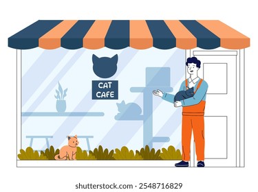 Man near cat cafe. Young guy near restaurant or catering service. Patio near cafeteria with pets and domestic animals. Linear vector illustration isolated on white background