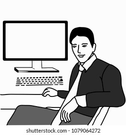 Man near computer, vector black and white