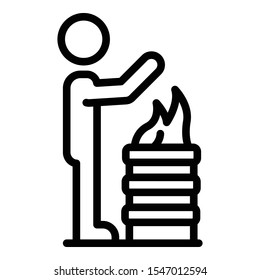 Man near fire barrel icon. Outline man near fire barrel vector icon for web design isolated on white background