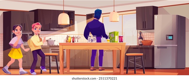 Homem perto da geladeira e crianças na ilustração de desenho animado da cozinha. Crianças tranquilamente entrar quarto com mobiliário de cozinha modular em apartamento moderno. Pessoa de volta à luz solar de projeto de janela interior.