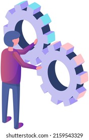 Man in near gears as symbol of project setup. Business processes, launching new project, workflow. Sarch for solution, idea development concept. Guy working with maintenance or business launch