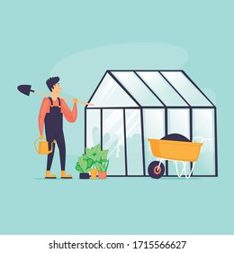 Man near the greenhouse, agriculture, spring, vegetable planting season. Flat design vector illustration.