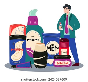 Man near huge bottles and tubes with mens skin care products vector illustration. Shower gel, shaving mousse, lotion after shaving, deodorant, cream. Mens cosmetics, body care products concept 