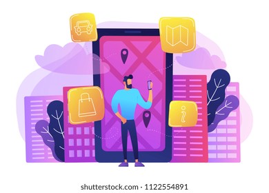 A man near huge LCD screen with city map and gps tags on the screen getting information about the city. Mobile center, smart guide, IoT and smart city concept, violet palette. Vector illustration.