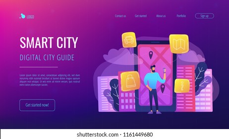 A man near huge LCD screen with city map and gps tags on the screen getting information about the city. Smart city and digital city guide landing page. Vector illustration on ultraviolet background.