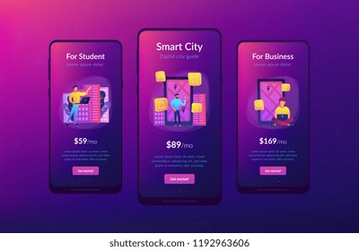 A man near huge LCD screen with city map and gps tags on the screen getting information about the city. Smart city and digital city guide landing page. UI UX GUI app interface template.