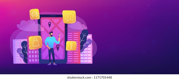 Man near huge screen with city map gps tags getting information about the city. Smart city and digital city guide banner. Vector illustration on ultraviolet bright vibrant background with copy space.