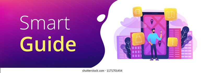 Man near huge screen with city map and gps tags on the screen getting information about the city. Smart city and digital city guide banner. Vector illustration on ultraviolet bright vibrant background