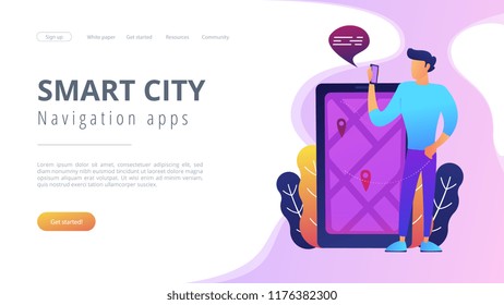 A man near huge smartphone with city map and gps tags on the screen calls a taxi. Navigation apps, smart public transport, IoT and smart city concept, violet palette. Vector illustration on background