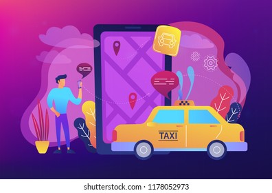 A man near huge smartphone with city map and gps tags on the screen calls a taxi. Navigation apps, smart public transport, IoT and smart city concept, violet palette. Vector illustration on background