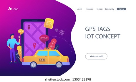 A man near huge smartphone with city map and gps tags on the screen calls a taxi. Navigation apps, smart public transport, IoT and smart city concept, violet palette. Vector illustration on background