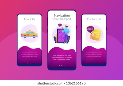 A man near huge smartphone with city map and gps tags on the screen calls a taxi. Navigation apps, smart public transport, IoT and smart city concept, violet palette. App interface template