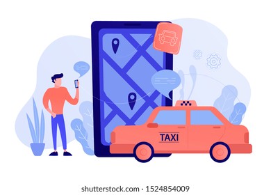 A man near huge smartphone with city map and gps tags on the screen calls a taxi. Navigation apps, smart public transport, IoT and smart city concept, violet palette. Vector illustration on background