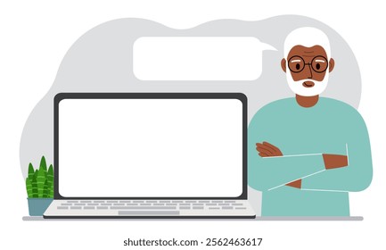 A man near a laptop stands with his arms crossed. There is a white cloud for writing text from his mouth. Vector flat illustration