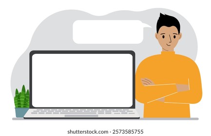 A man near a laptop stands with his arms crossed. There is a white cloud for writing text from his mouth.