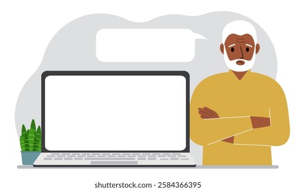 A man near a laptop stands with his arms crossed. There is a white cloud for writing text from his mouth. Vector flat illustration