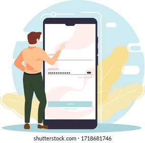 Man near large smartphone,on screen login page. Flat design for web