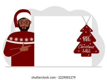A man near a large white sheet of paper with a big sale label on it. New Year and Christmas sales. Vector flat illustration