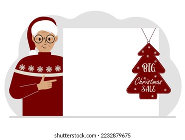 A man near a large white sheet of paper with a big sale label on it. New Year and Christmas sales. Vector flat illustration