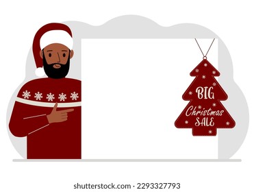 A man near a large white sheet of paper with a big sale label on it. New Year and Christmas sales. Vector flat illustration