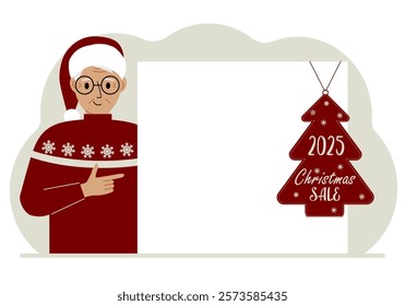 A man near a large white sheet of paper with a big sale label on it. New Year.