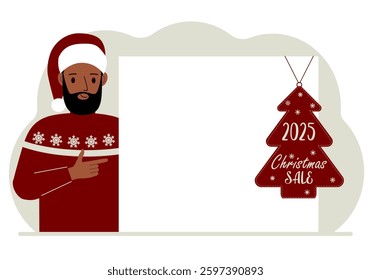 A man near a large white sheet of paper with a big sale label on it. New Year and Christmas sales. Vector flat illustration