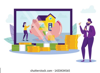 Man near Monitor with Image Woman and Piggy Bank. Buying Home. Vector Illustration. Coin and Banknote. Broken Piggy Bank. Favorable Conditions for Lending. Smartphone Screen. Man near Monitor.