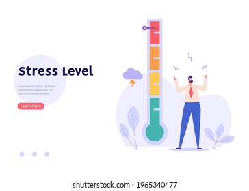 Man near the mood scale. Concept of emotional overload, stress level, burnout, increased productivity, tiring, boring, positive, frustration employee in job. Vector illustration in flat design