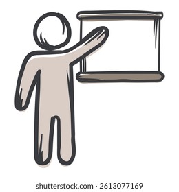A man near a multimedia screen. Vector hand drawn illustration for sticker, print. Conference, lesson, training, presentation icon