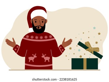 A man near an open Christmas or New Year's gift. Gift box for winter holidays. Vector flat illustration
