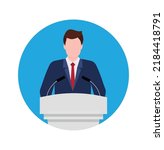 Man near podium. Speaker in suit stand on tribune for speech in conference. Politician speak from podium with microphones. Public orator. President or minister on tribune. Vector. Eps 10