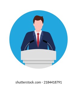 Man near podium. Speaker in suit stand on tribune for speech in conference. Politician speak from podium with microphones. Public orator. President or minister on tribune. Vector. Eps 10