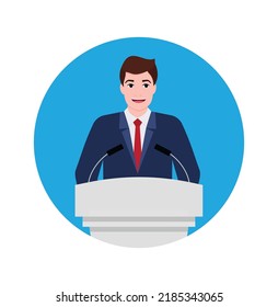 Man near podium. Speaker in suit stand on tribune for speech in conference. Politician speak from podium with microphones. Public orator. President or minister on tribune. Vector. Eps 10