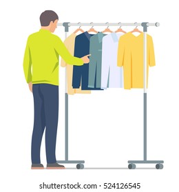 Man near rack with clothes. Vector isolated illustration on white background