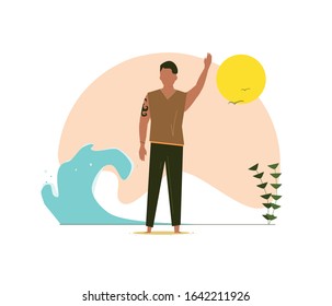 
man near the sea waving, vector, illustration