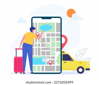 Man near smartphone screen with points location on a city map, online taxi booking services.