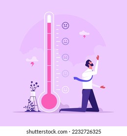 Man near the thermometer emotional scale difference icon. Concept of emotional overload, stress level, burnout, increased productivity, tiring, boring, positive, frustration employee in job