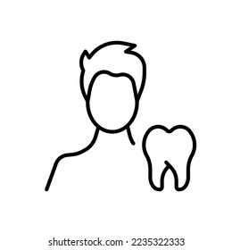 Man near tooth line icon. Dentistry, Tooth, treatment, dentist, x-ray, braces, caries, tongue, tooth enamel, health, doctor, etc. Health care concept. Vector line icon on white background