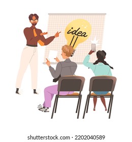 Man Near Whiteboard with Light Bulb Presenting Smart Idea and Solution Vector Illustration