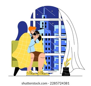 Man near window with cat. Young guy sits in chair with kitten in his arms. Owner and pet look at city at night. Comfort and coziness in apartment. Cartoon flat vector illustration