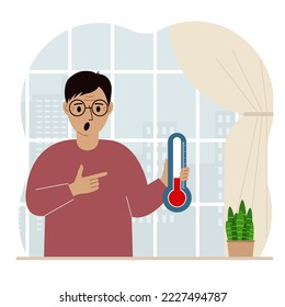 Un hombre cerca de la ventana con un dispositivo para medir la temperatura en la habitación. Ilustración plana del vector