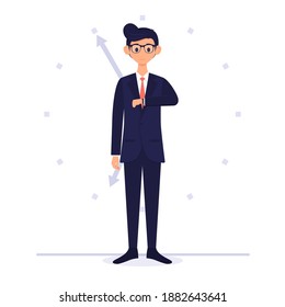 El hombre vestido con ropas de trabajo impecable miraba el reloj en la mano. con una sombra detrás que indica la hora. ilustración vectorial de fondo blanco.