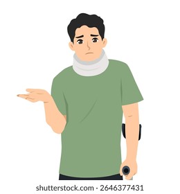 Homem com uma braçadeira de pescoço e muleta parece confuso ou incerto, sugerindo que se recupera de uma lesão. Ilustração de caractere de vetor plano