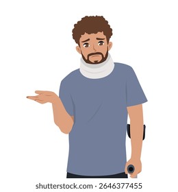Homem com coleira e muleta parece confuso ou incerto, sugerindo que se recupera de uma lesão. Ilustração de caractere de vetor plano